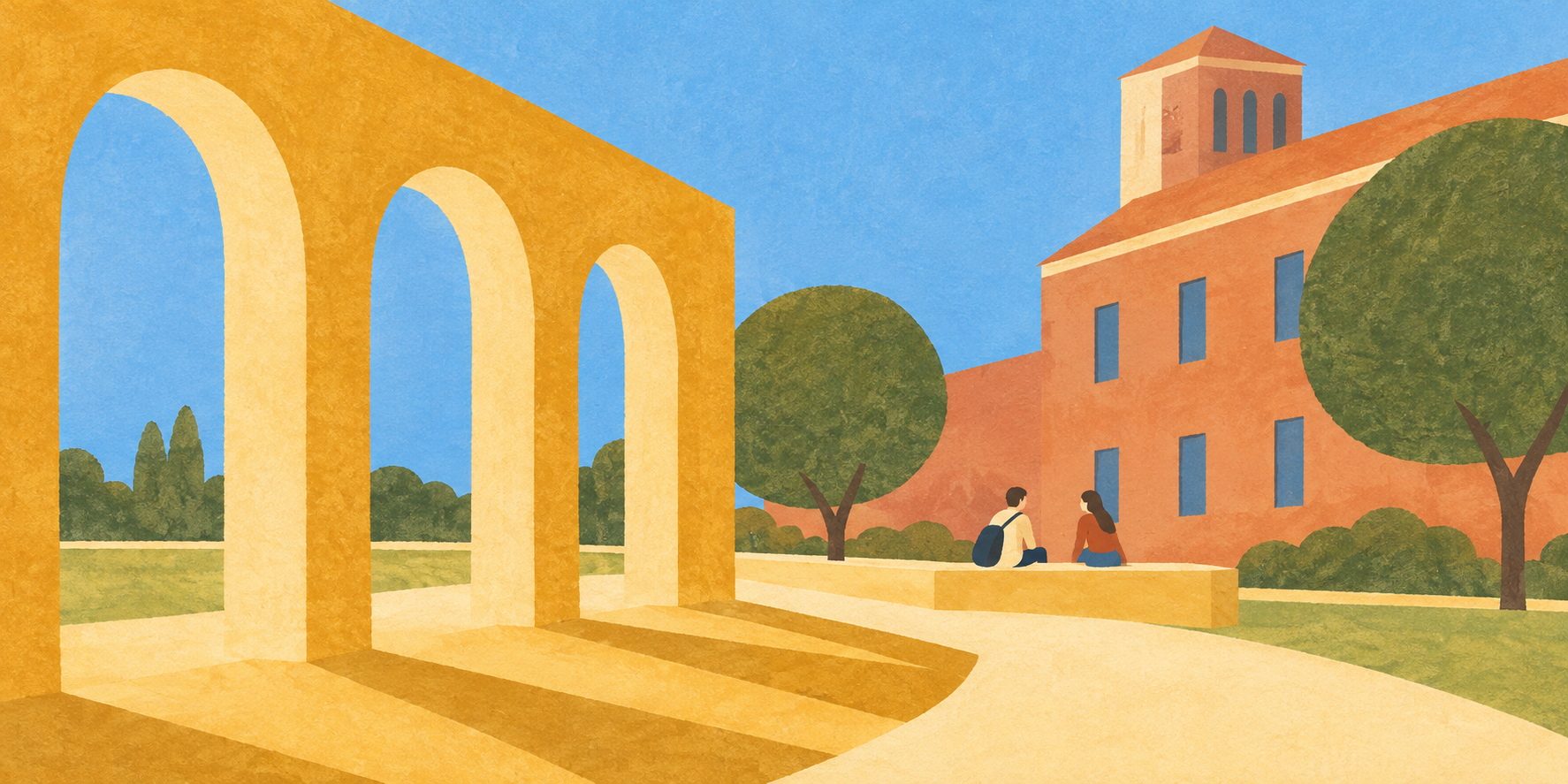 Two students sitting together in a sunny campus courtyard.